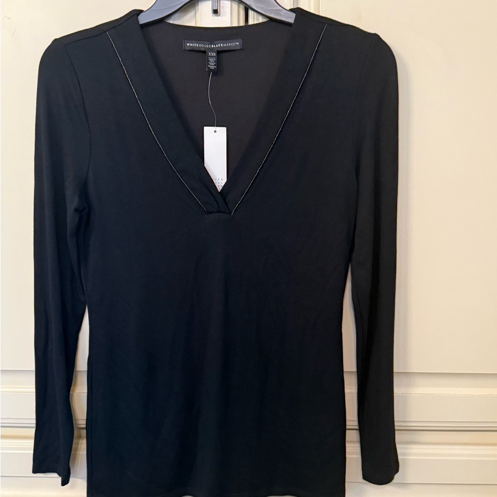White House Black Market V-Neck Black LS - ball chain shawl tee top - size XXS